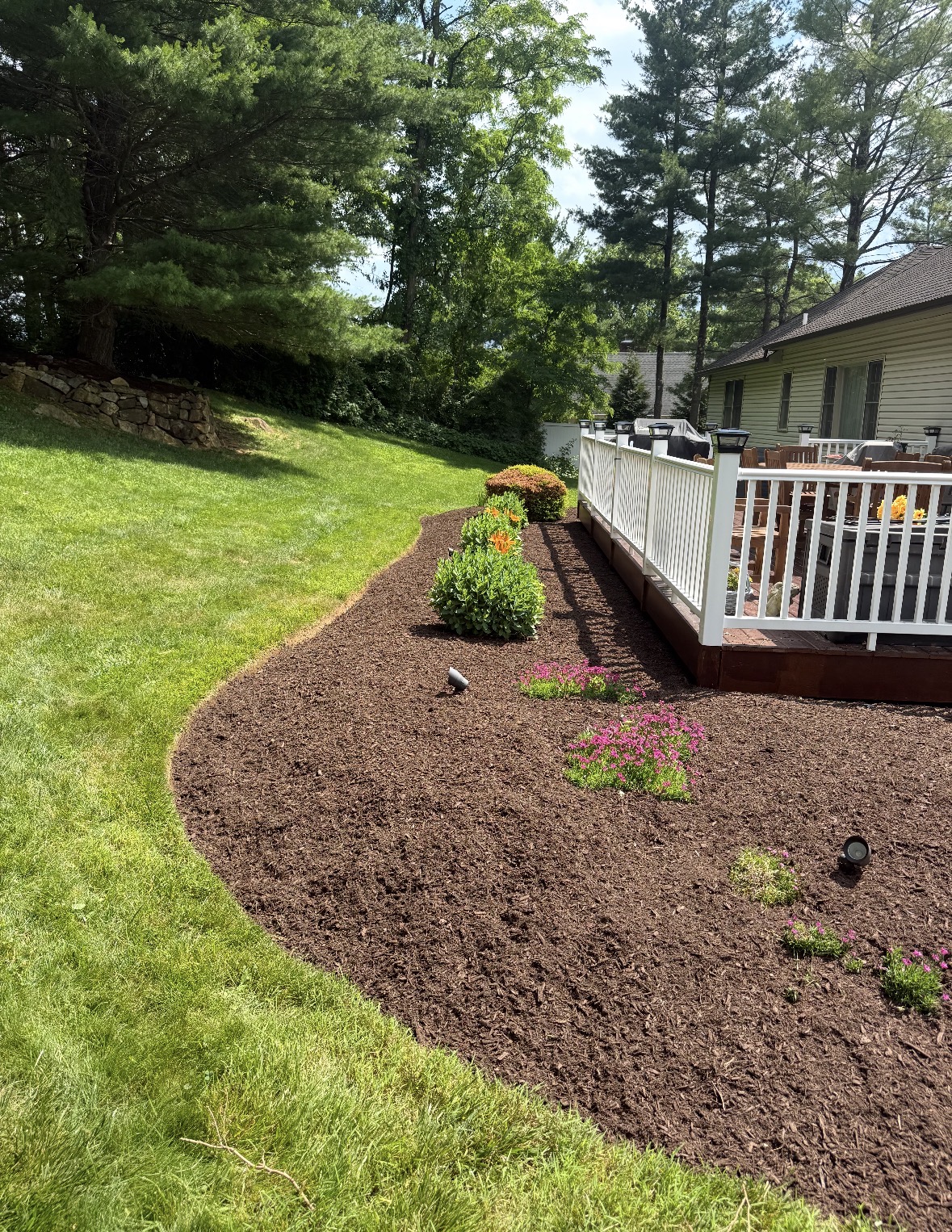 Curved mulch bed beside deck